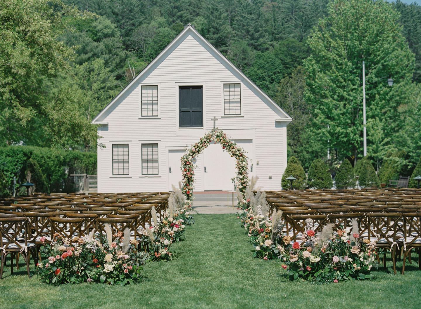 Wedding ceremony setup on the Paul Barn lawn